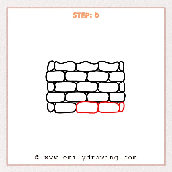 how to draw a brick wall - Step 6 of how to draw a brick wall: the bottom row is extended with two more bricks and a rounded end cap on the right.